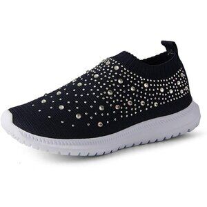 Women's Walking Shoes Rhinestone Glitter Slip On Ballroom Sneakers Dark Blue